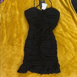 Fashion Nova Black Ruched Halter Mini Dress